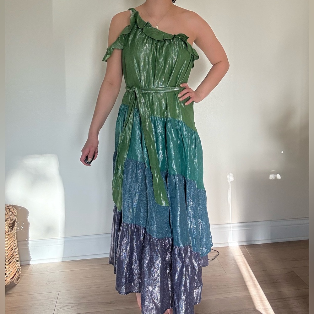 Free people Green and Blue Tiered One-Shoulder Sundress
